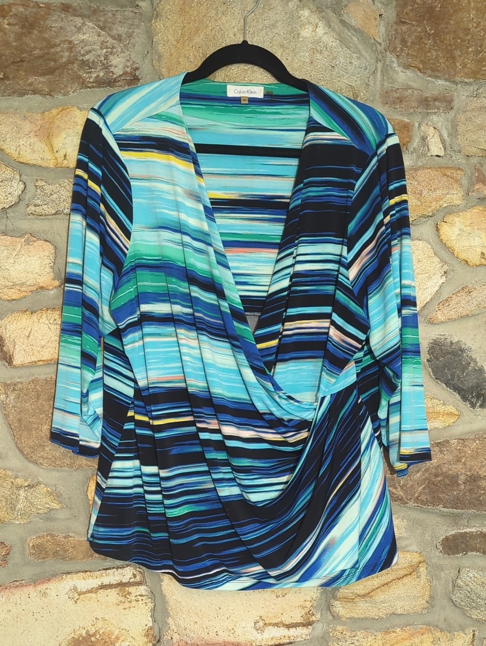 Calvin Klein Women's Multi-Blue Striped Wrap Blouse